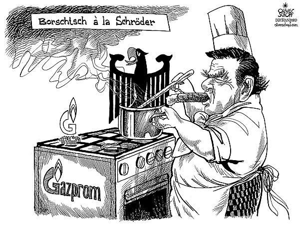  Oliver Schopf, politischer Karikaturist aus Österreich, politische Karikaturen, Illustrationen Archiv politische Karikatur Deutschland: gazprom, gerhard schroeder, borschtsch, deutscher adler, kochen 