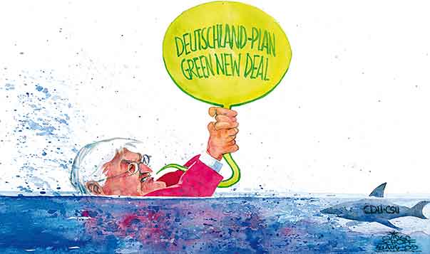  
Oliver Schopf, editorial cartoons from Austria, cartoonist from Austria, Austrian illustrations, illustrator from Austria, editorial cartoon
Europe EU eu germany 2009 elections steinmeier from the spd-party holding a green balloon in his arms his green new deal  meanwhile in the water the shark (cdu-csu-parties) is comming. 