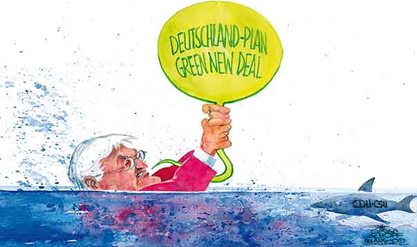  Oliver Schopf, politischer Karikaturist aus Österreich, politische Karikaturen, Illustrationen Archiv politische Karikatur Deutschland 
2009: wahlkampf wahl spd frank-walter steinmeier hält ballon der eine sprechblase ist aus wasser daruf steht deutschland-plan green new deal  wasser bis zum hals im wasser lauert cdu csu hai  