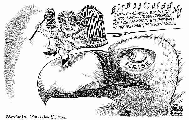  
Oliver Schopf, editorial cartoons from Austria, cartoonist from Austria, Austrian illustrations, illustrator from Austria, editorial cartoon
Europe EU eu germany 2008: finances crisis bird catcher  merkel, zauberfloete, vogelfaenger