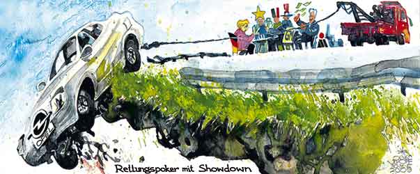  
Oliver Schopf, editorial cartoons from Austria, cartoonist from Austria, Austrian illustrations, illustrator from Austria, editorial cartoon
Europe EU eu germany opel, emergency, general motors, magna, frank stronach economy showdown of a poker circle  who will be the saver for the opel car company? 
