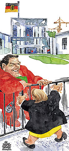  Oliver Schopf, politischer Karikaturist aus Österreich, politische Karikaturen, Illustrationen Archiv politische Karikatur Deutschland: Wahl 2005 Gerd Schroeder; Angela Merkel; Berlin Deutsche Politiker 
