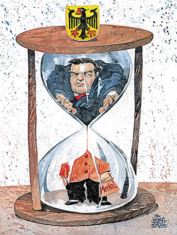  Oliver Schopf, politischer Karikaturist aus Österreich, politische Karikaturen, Illustrationen Archiv politische Karikatur Deutschland 2005; nach der wahl Schröder Merkel in der Sanduhr Kanzlerwechsel Deutsche Politiker