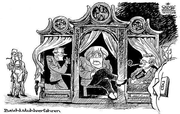  Oliver Schopf, politischer Karikaturist aus Österreich, politische Karikaturen, Illustrationen Archiv politische Karikatur Deutschland: 2009: koalitionsverhandlungen, beichtstuhlverfahren, merkel, westerwelle, wulff, cdu 