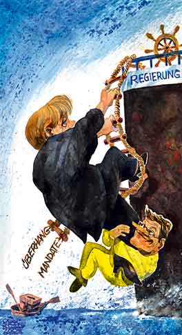  Oliver Schopf, politischer Karikaturist aus Österreich, politische Karikaturen, Illustrationen Archiv politische Karikatur Deutschland: 2009: wahl, wahlkampf, ueberhangmandate, angela merkel, guido westerwelle,
schiff, strickleiter, regierung, steuerrad, klettern 