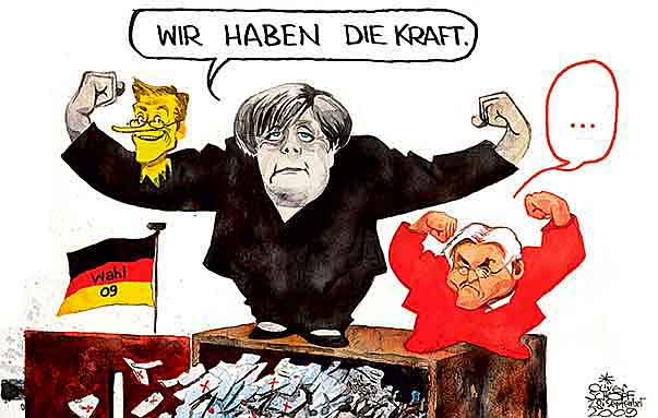  Oliver Schopf, politischer Karikaturist aus Österreich, politische Karikaturen, Illustrationen Archiv politische Karikatur Deutschland: 2009: wahlausgang wahlkampfslogan wir haben die kraft angela merkel auf einer wahlurne aus ihrem bizeps erwächst kopf guido westerwelles bundestagswahlen,  wahlkampf steinmeier,   sieg