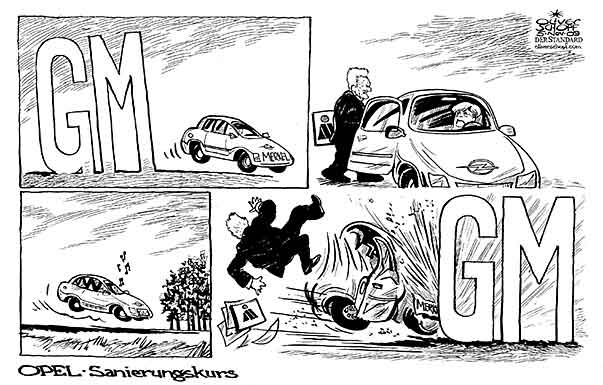  Oliver Schopf, politischer Karikaturist aus Österreich, politische Karikaturen, Illustrationen Archiv politische Karikatur Deutschland: 
2009  opel, gm, magna, merkel, stronach, sanierung, auto, crash