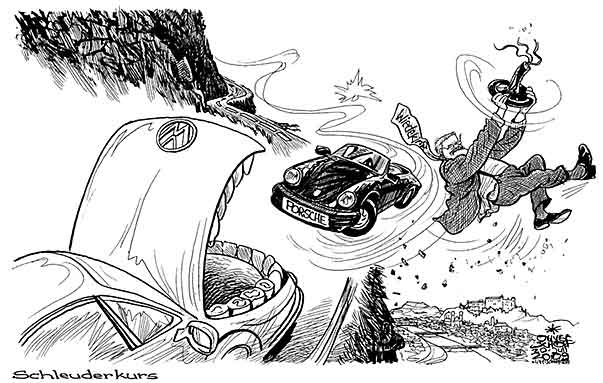  Oliver Schopf, politischer Karikaturist aus Österreich, politische Karikaturen, Illustrationen Archiv politische Karikatur Deutschland: 2009: schleuderkurs porsche, vw, wendelin wiedeking, kurven, schleudern, uebernahme, salzburg