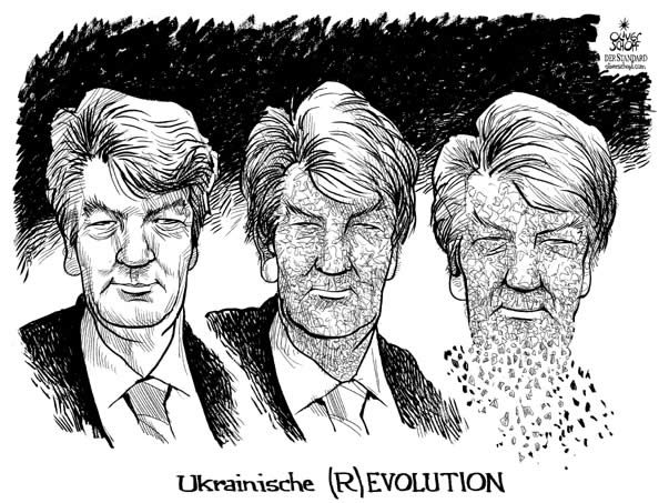  Oliver Schopf, politischer Karikaturist aus Österreich, politische Karikaturen, Illustrationen Archiv politische Karikatur Europa diverse Themen
ukraine, juschtschenko, revolution, evolution,
zerbroeseln

