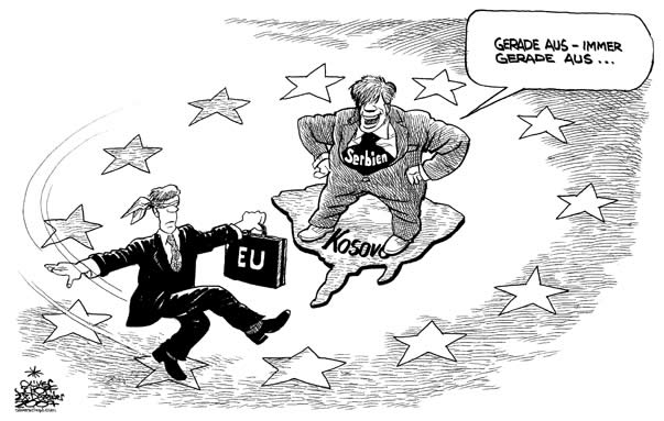  Oliver Schopf, politischer Karikaturist aus Österreich, politische Karikaturen, Illustrationen Archiv politische Karikatur Europa Beitrittskandidaten
Balkan: Die Richtung stimmt, aber das Spiel ist wohl ein falsches!? serbien eu 



