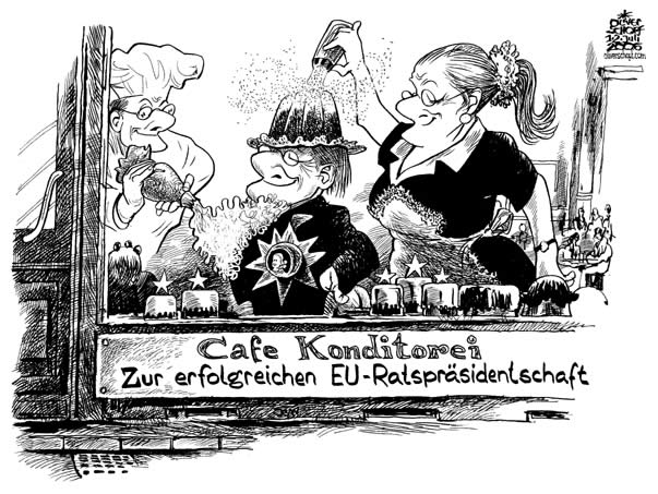  Oliver Schopf, politischer Karikaturist aus Österreich, politische Karikaturen, Illustrationen Archiv politische Karikatur Österreich: EU-Ratspräsidentschaft 2006 Schuessel  Mozartjahr 2006 konditorei, cafe, eu-ratspraesidentschaft