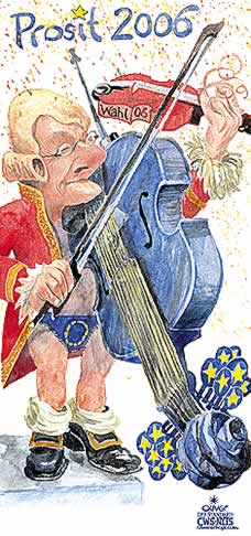  
Oliver Schopf, editorial cartoons from Austria, cartoonist from Austria, Austrian illustrations, illustrator from Austria, editorial cartoon
Europe austria presidency of the european union 2006 Chancellor Schuessel playing violin dressed like Wolfgang Amadeus Mozart  the mozart jubilee Year 2006 and the Austrian presidency in the EU  
