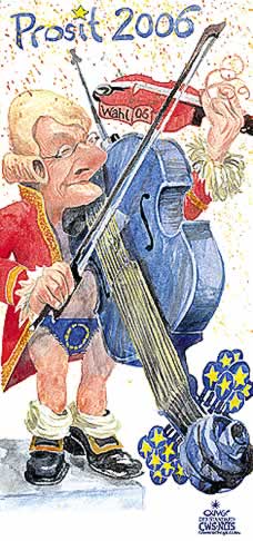  Oliver Schopf, politischer Karikaturist aus Österreich, politische Karikaturen, Illustrationen Archiv politische Karikatur Europa EU Europäische Union Ratspräsidentschaft
Ratspräsidentschaft und Mozartjahr für Österreich 2006; Schüssel übt schon


