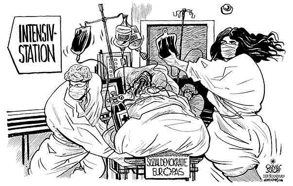 Oliver Schopf, editorial cartoons from Austria, cartoonist from Austria, Austrian illustrations, illustrator from Austria, editorial cartoon 
Europe 2009: eu, europe, socialism, socialists, social democrats, emergency room, hospital
