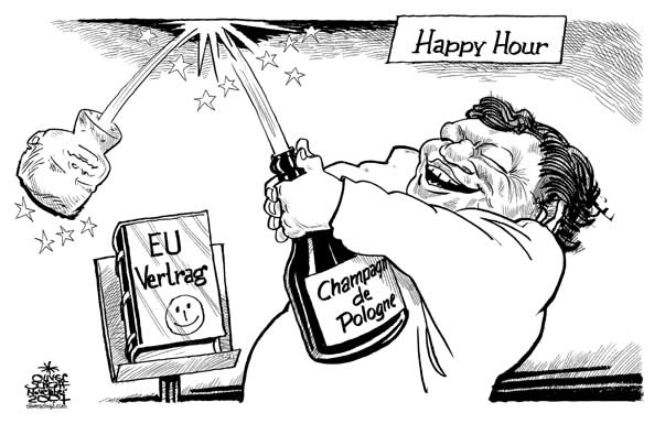  Oliver Schopf, politischer Karikaturist aus Österreich, politische Karikaturen, Illustrationen Archiv politische Karikatur Europa 
2007; barroso, eu-vertrag, champagner, polen, jaroslaw kaczynski, korken


