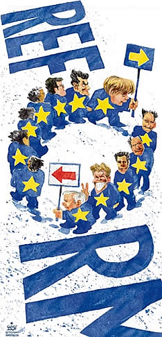  Oliver Schopf, politischer Karikaturist aus Österreich, politische Karikaturen, Illustrationen Archiv politische Karikatur Europa 
2007; eu, gipfel, reform, verfassung, Work in progress


