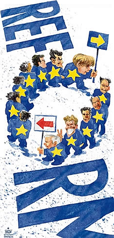  
Oliver Schopf, editorial cartoons from Austria, cartoonist from Austria, Austrian illustrations, illustrator from Austria, editorial cartoon
Europe EU eu European union Merkl szarkozy Blair Brodi the reform turning is round and round and round

