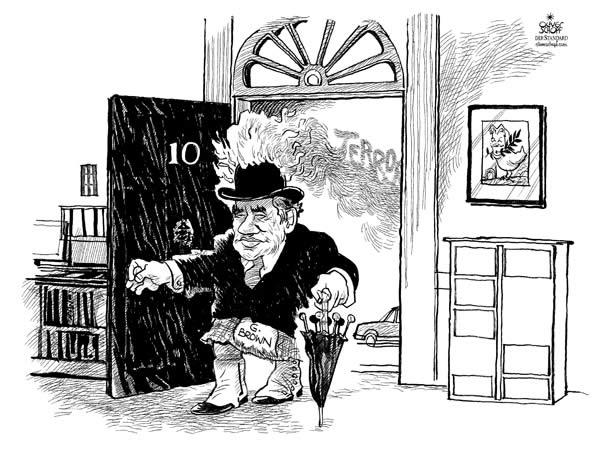  Oliver Schopf, politischer Karikaturist aus Österreich, politische Karikaturen, Illustrationen Archiv politische Karikatur Europa Great Britain UK England Schottland Irland  2007 gordon brown, downing street 10, terror, melone, feuer


