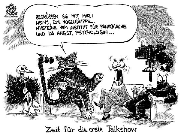  Oliver Schopf, politischer Karikaturist aus Österreich, politische Karikaturen, Illustrationen Archiv politische Karikatur Europa Klima und Umwelt
Die Vogelgrippe entwickelt sich zum Medienhype. h5n1
