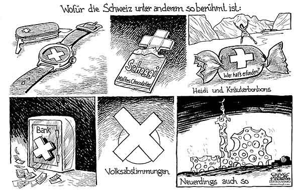  Oliver Schopf, politischer Karikaturist aus Österreich, politische Karikaturen, Illustrationen Archiv politische Karikatur Europa Schweiz
2009: schweiz, volksabstimmung, minarette, uhr, messer, schokolade, tresor, kaese

