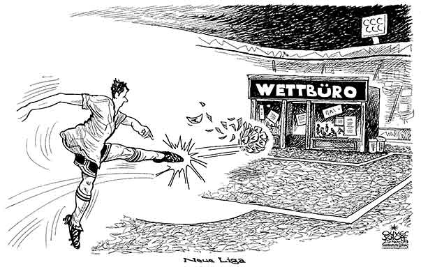  Oliver Schopf, politischer Karikaturist aus Österreich, politische Karikaturen, Illustrationen Archiv politische Karikatur Europa Sport 2009: fussball, wetten, wettbuero, tor, ball, geld, korruption



