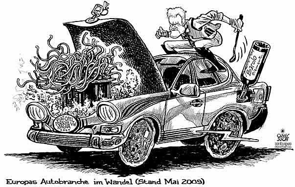 Oliver Schopf, politischer Karikaturist aus Österreich, politische Karikaturen aus Österreich, Karikatur Illustrationen Wirtschaft und Finanzen Europa 2009  europäische autobranche im wandel mai 2009 frank stronach 
eu, europäische union auto wandel, fiat, opel, vw, porsche, magna, frank stronach Politik Politiker  



