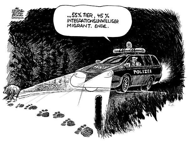  Oliver Schopf, politischer Karikaturist aus Österreich, politische Karikaturen, Illustrationen Archiv politische Karikatur Österreich: 2007: problembaer, jj1, polizei, migrant, integration
 