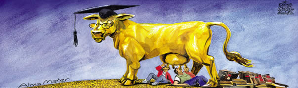  Oliver Schopf, politischer Karikaturist aus Österreich, politische Karikaturen, Illustrationen Archiv politische Karikatur Österreich: Bildung 2005; universität goldenes kalb alma mater