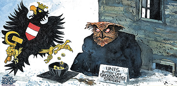  
Oliver Schopf, editorial cartoons from Austria, cartoonist from Austria, Austrian illustrations, illustrator from Austria, editorial cartoon
Europe austria education 2005 University as owl and baggar the austrian emblem of the republic the eagle spending some coins

