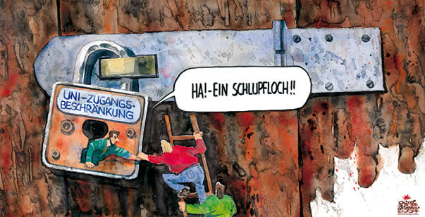 Oliver Schopf, politischer Karikaturist aus Österreich, politische Karikaturen, Illustrationen Archiv politische Karikatur Österreich: Bildung universität, zugangsbeschraenkung, vorhangschloss, schlupfloch, studenten