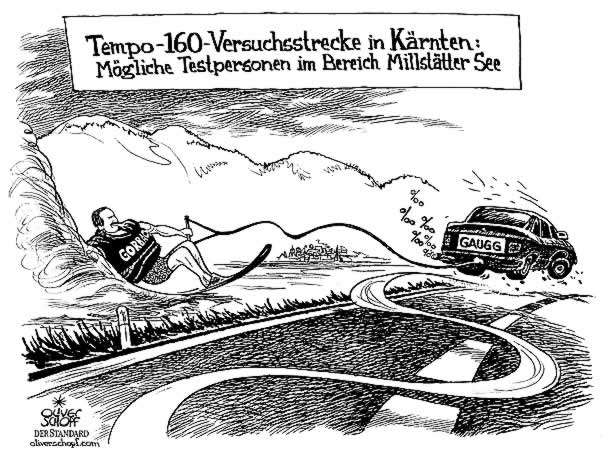  Oliver Schopf, politischer Karikaturist aus Österreich, politische Karikaturen, Illustrationen Archiv politische Karikatur Österreich: Landeshauptleute Kärnten 2006 Gorbach Gaugg Versuchsstrecke Tempo 160 Autobahn
