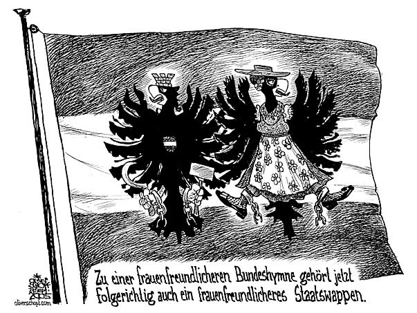  Oliver Schopf, politischer Karikaturist aus Österreich, politische Karikaturen, Illustrationen Archiv politische Karikatur Österreich 2005; Staatswappen Bundeshymne frauenfreundlich
       