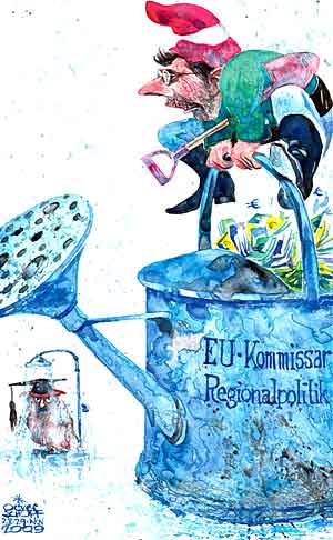  Oliver Schopf, politischer Karikaturist aus Österreich, politische Karikaturen, Illustrationen Archiv politische Karikatur Österreich: EU Kommissar 2009: johannes hahn, wissenschftsminister,   eu, kommissar, regionalpolitik, zwerg, giesskanne, euro, eule, 