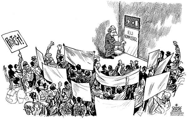  Oliver Schopf, politischer Karikaturist aus Österreich, politische Karikaturen, Illustrationen Archiv politische Karikatur Österreich: EU Kommissar 2009: johannes hahn, wissenschftsminister, universitaet, protest, kommissar, notausgang