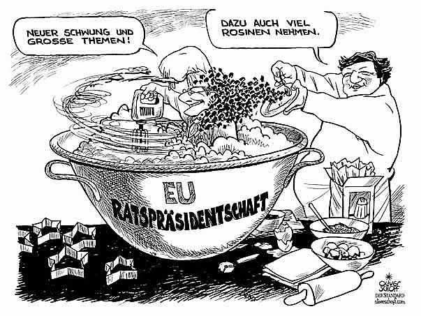  
Oliver Schopf, editorial cartoons from Austria, cartoonist from Austria, Austrian illustrations, illustrator from Austria, editorial cartoon
Europe austria presidency of the european union 2006 Chancellor Schuessel and Jose Manuel Barroso baking an eu-presidency-cake for 2006   

