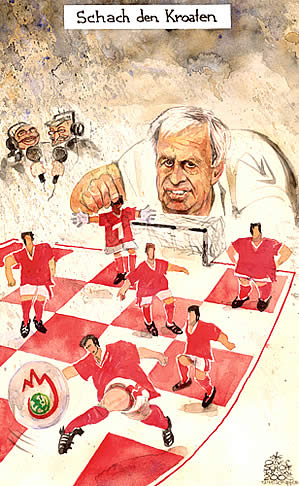  Oliver Schopf, politischer Karikaturist aus Österreich, politische Karikaturen, Illustrationen Archiv politische Karikatur Österreich: EURO 2008 fußball-em, euro2008, Fussball, euro 2008, josef hickersberger, kroatien, schach, gusenbauer, molterer, regen
