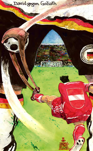  Oliver Schopf, politischer Karikaturist aus Österreich, politische Karikaturen, Illustrationen Archiv politische Karikatur Österreich: EURO 2008 fußball-em, euro2008, deutschland, oesterreich, gruppe b, endspiel, david gegen goliath
