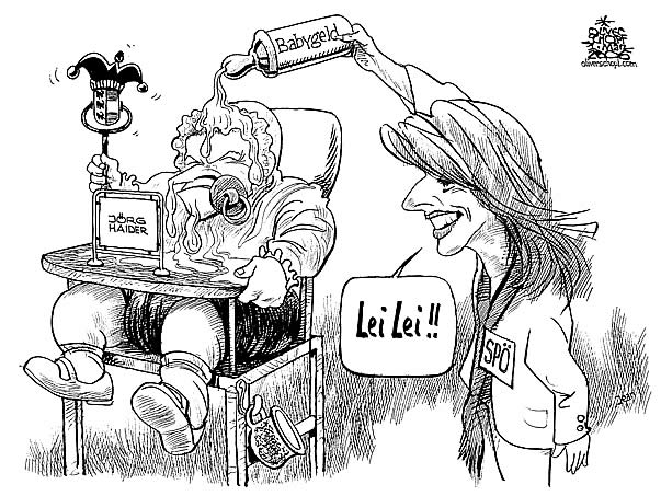  Oliver Schopf, politischer Karikaturist aus Österreich, politische Karikaturen, Illustrationen Archiv politische Karikatur Österreich: Jörg joerg Haider 2006:  Kärnten: Am Faschingsdienstag beendet SPÖ-Chefin Gabi Schaunig die Orange-rote Koalition wegen Uneinigkeit in Sachen Babygeld,
 