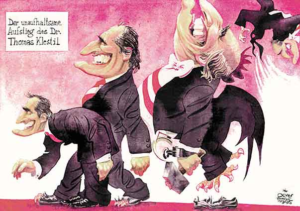  
Oliver Schopf, editorial cartoons from Austria, cartoonist from Austria, Austrian illustrations, illustrator from Austria, editorial cartoon
Europe austria 2000 austrian President Thomas Klestil the rise of doctor thomas klestil changing to an eagle the emblem of the austrian republic
