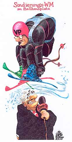  
Oliver Schopf, editorial cartoons from Austria, cartoonist from Austria, Austrian illustrations, illustrator from Austria, editorial cartoon
Europe austria 2003 austrian President Thomas Klestil chancellor schuessel skiing   

