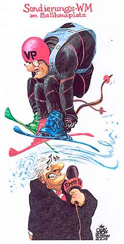  Oliver Schopf, politischer Karikaturist aus Österreich, politische Karikaturen, Illustrationen Archiv politische Karikatur Österreich: Bundespräsident Klestil 2003:
 wolfgang schuessel, sondierungsgespraeche, regierungsbildung, ski-wm, ballhausplatz, kommentator
