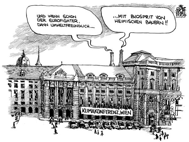  Oliver Schopf, politischer Karikaturist aus Österreich, politische Karikaturen, Illustrationen Archiv politische Karikatur Österreich: Klima und Umwelt 2007
: hofburg, klimagipfel, eurofighter, biosprit 