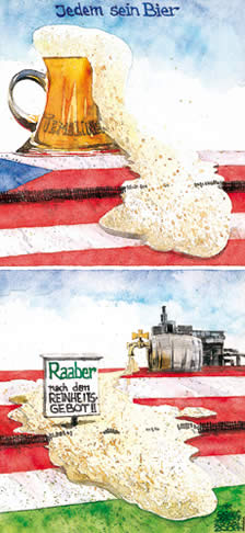  Oliver Schopf, politischer Karikaturist aus Österreich, politische Karikaturen, Illustrationen Archiv politische Karikatur Österreich: Klima und Umwelt 2007, Bei Grenzkonflikten zwischen Österreichs Nachbarn im Osten wird oftmals Wasser gepredigt und Bier getrunken. temelin, raab, schaum, bier, reinheitsgebot 
