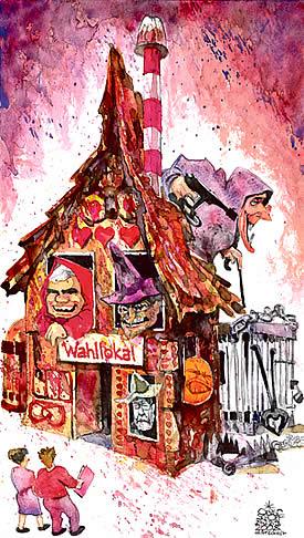  Oliver Schopf, politischer Karikaturist aus Österreich, politische Karikaturen, Illustrationen Archiv politische Karikatur Österreich: Nationalratswahl 2008 wahl 08, knusperhäuschen, lebkuchenhaus, haensel und gretel, wahllokal, wählen, hexe, faymann, molterer, strache, van der bellen, haider

