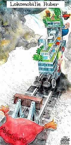  Oliver Schopf, politischer Karikaturist aus Österreich, politische Karikaturen, Illustrationen Archiv politische Karikatur Österreich: ÖBB 2008
oesterreichische bundesbahnen, oebb, martin huber, lokomotive, immobilien, seeste, abfertigung

