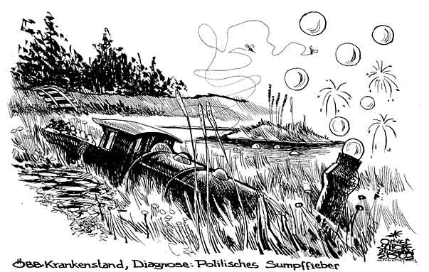  Oliver Schopf, politischer Karikaturist aus Österreich, politische Karikaturen, Illustrationen Archiv politische Karikatur Österreich: ÖBB 2009: ÖBB Krankenstand Diagnose politisches Sumpffieber
oebb, krankenstand, daten, akten, sumpf, sumpffieber

