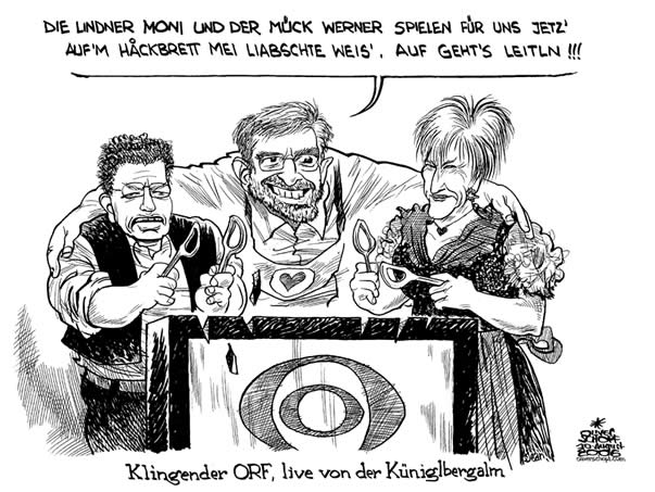  Oliver Schopf, politischer Karikaturist aus Österreich, politische Karikaturen, Illustrationen Archiv politische Karikatur Österreich:  
 2007,  wien, orf, orf, willi molterer, werner mueck, monika lindner, hackbrett, mei liabste weis’, klingendes oesterreich, kueniglberg
