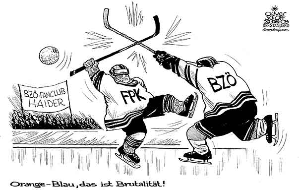  Oliver Schopf, politischer Karikaturist aus Österreich, politische Karikaturen, Illustrationen Archiv politische Karikatur Österreich: Parteien BZÖ Bzoe,  2009: bzoe, fpk, orange, blau, eishockey, haider, fanclub, simmering gegen kapfenberg, brutalitaet

