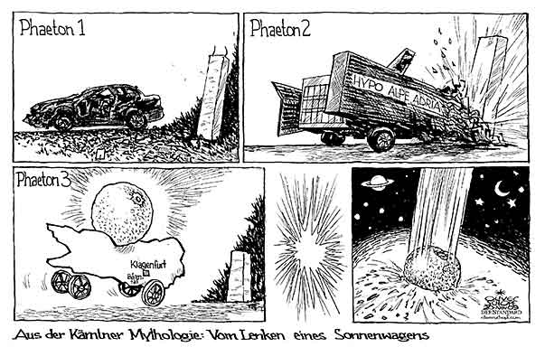  Oliver Schopf, politischer Karikaturist aus Österreich, politische Karikaturen, Illustrationen Archiv politische Karikatur Österreich: Parteien BZÖ Bzoe, 2009 kaernten, haider, hypo alpe adria, sonnenwagen, phaeton, orange, sonne vom himmel gefallen, mythologie

