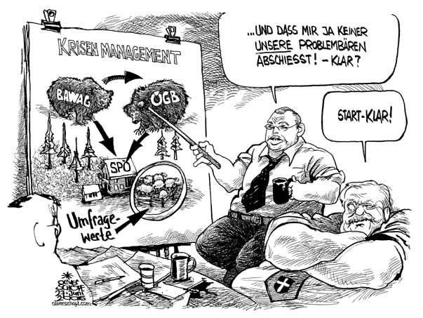  Oliver Schopf, politischer Karikaturist aus Österreich, politische Karikaturen, Illustrationen Archiv politische Karikatur Österreich: Parteien SPÖ 
 2006: gusenbauer, haeupl, spoe, oegb, bawag, krisenmanagement,
problembaer, startklar, umfragewerte
